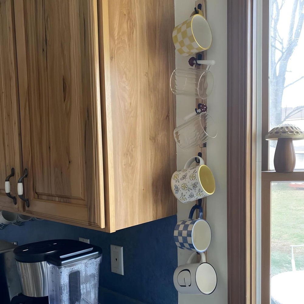 Wall-Mounted Coffee Mug Rack 6-Hook Solid Wood Cup Holder Kitchen Cabinet