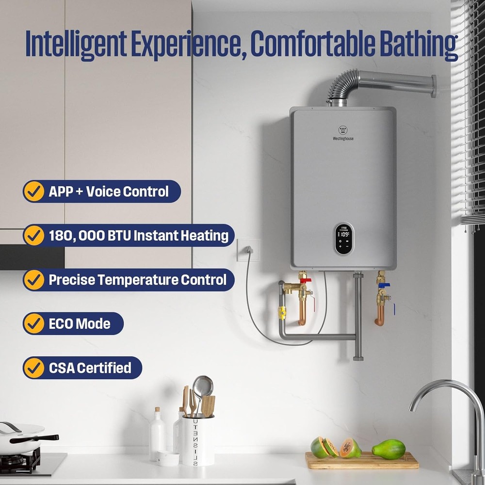 Westinghouse Natural Gas Tankless Water Heater 180,000 BTU Indoor Installation