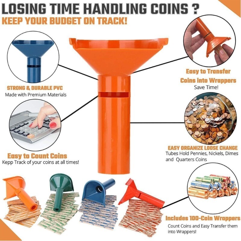 4Pcs Coin Counters & Coin Sorters Tubes Assorted Wrappers Counters Color-Coded