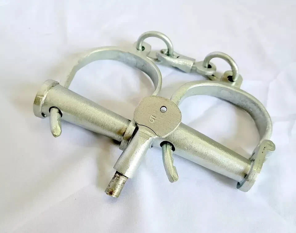 Silver Working Cast Iron Handcuffs & Key Western Prison Handcuffs