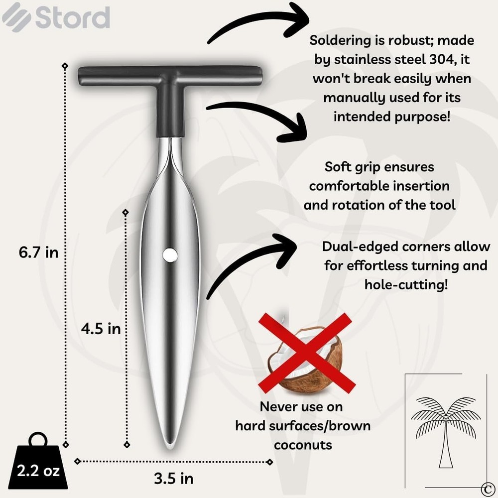 Efficient Coconut Opener - Works With Green & Peeled Coconuts, Compact Design