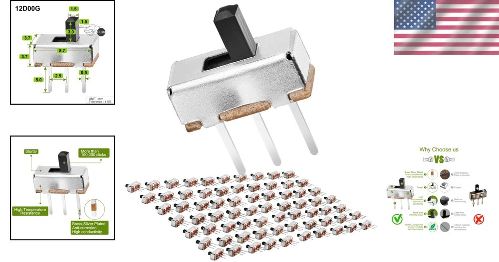Reliable 3mm SPDT Mini Slide Switch - 70 Pack for PCB & Breadboard Applications