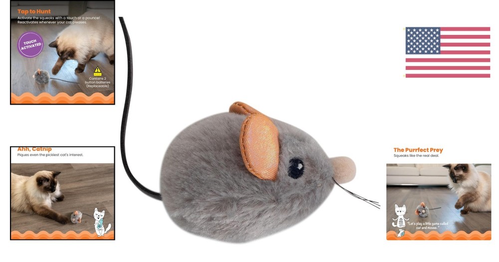 Interactive Touch-Activated Cat Toy – Gray Squeak Squeak Mouse with Catnip