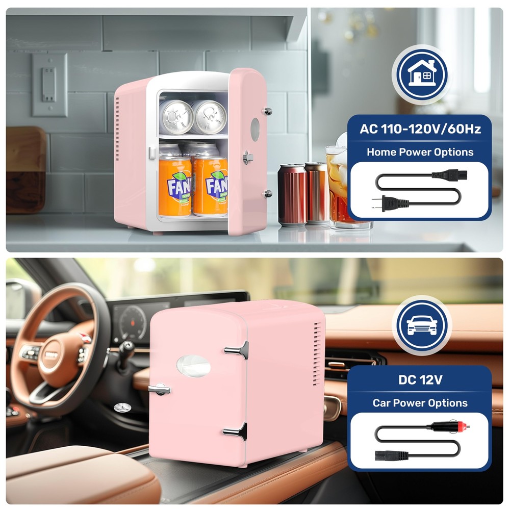 6L 9 Can Mini Fridge Compact Cooler & Warmer with Window Portable Pink