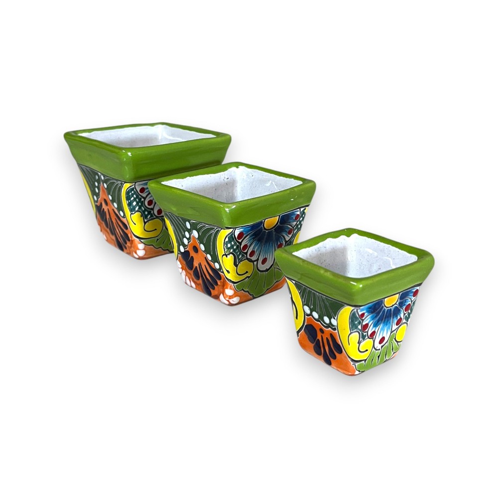 Colorful Square Talavera Planter Set | Mexican Mini Pots