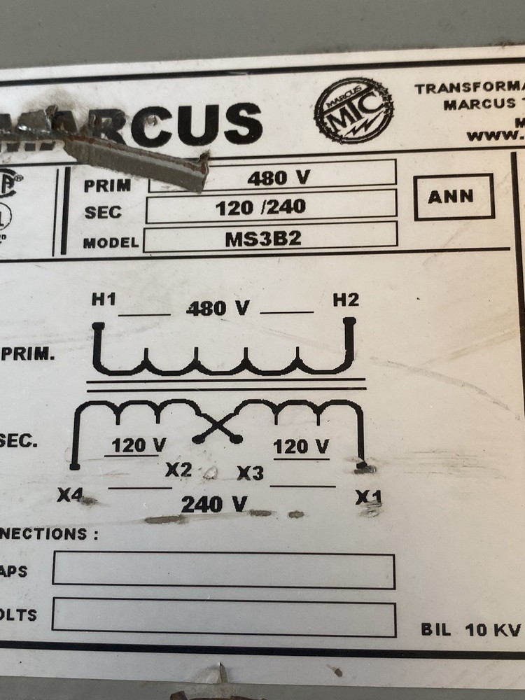 Marcus MS3B2 Transformer 3kva 480v-ac 120/240v-ac 1ph