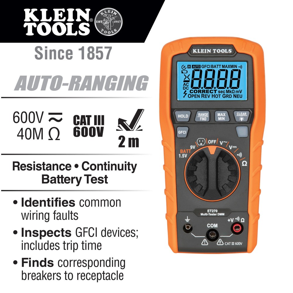 Klein Tools ET270 Digital Multi-Tester DMM with Receptacle Tester