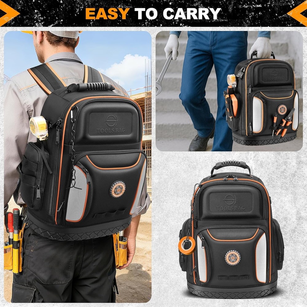 Professional Tool Backpack with 75 Pockets & Pull-Out Storage - Black & Orange