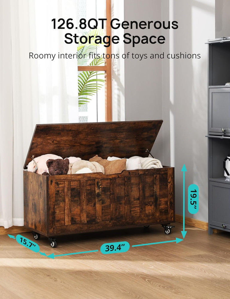 Rustic Wooden Storage Chest with Wheels & Hinges, 300 Lbs Capacity, Easy Assembl