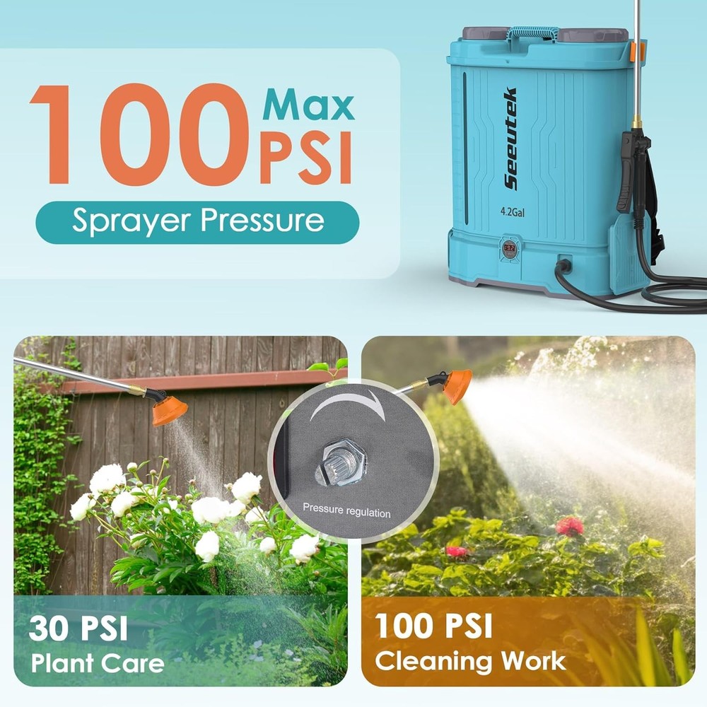 Backpack Sprayer Battery Powered 4.2 Gallon, 0-100 PSI Electric Back Pack Spraye