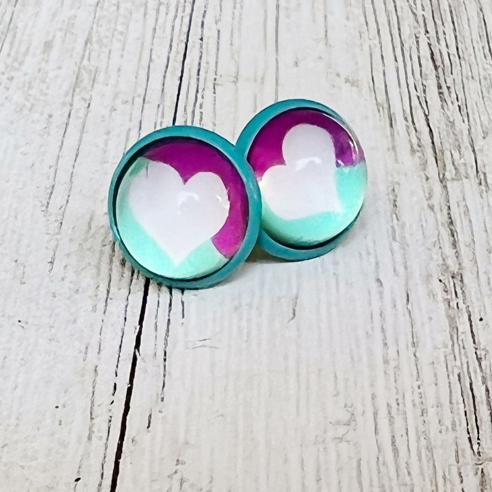 White Heart Blue Stud Earrings
