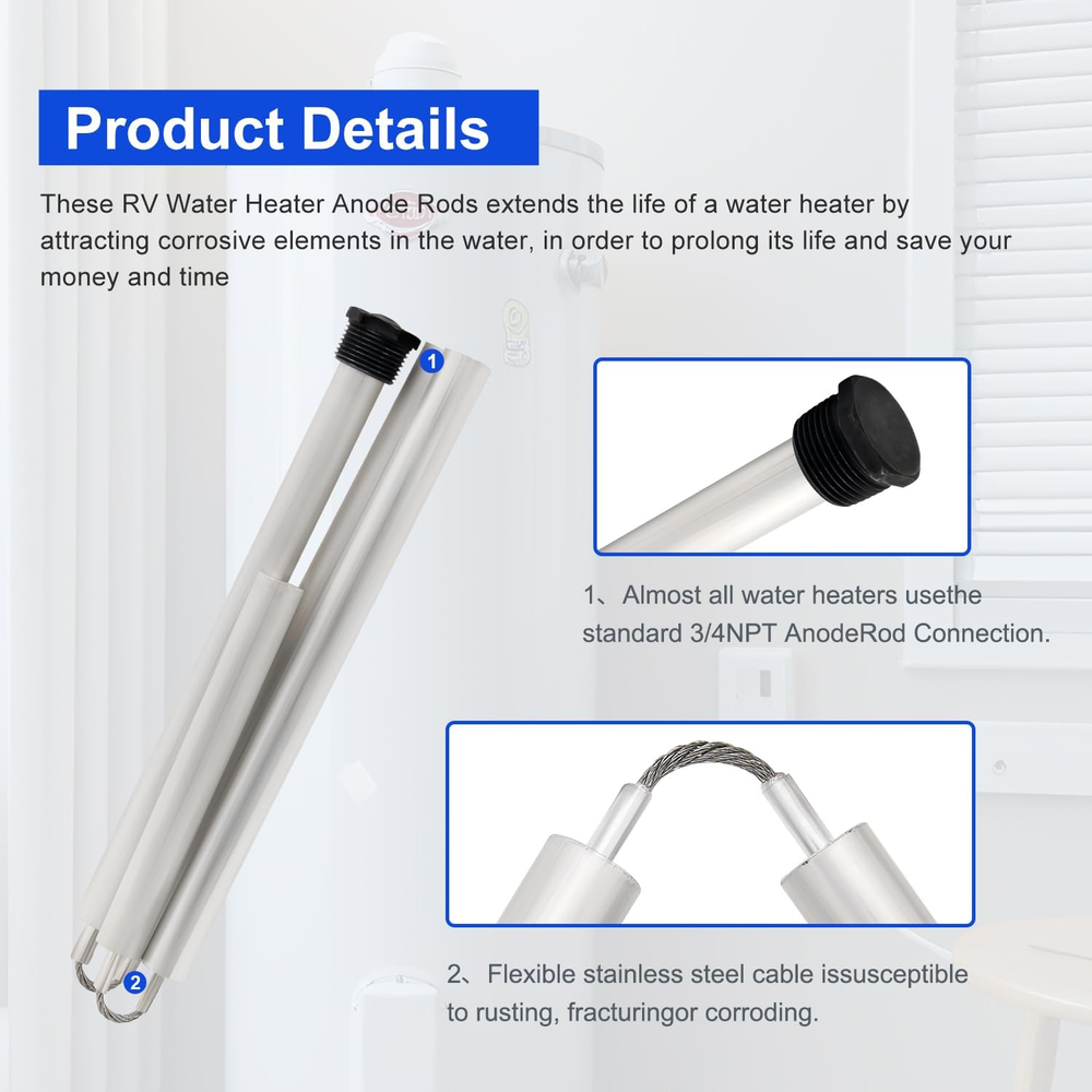 44" Aluminum Zinc Anode Rod, Thread 0.8 "Diameter Domestic Water Tank Anode Rod