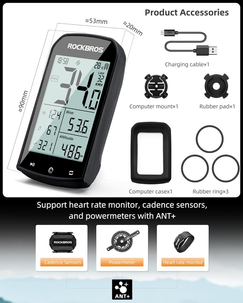ROCKBROS Bike Computer Wireless Speedometer ANT+Bluetooth w/Speed Cadence Sensor