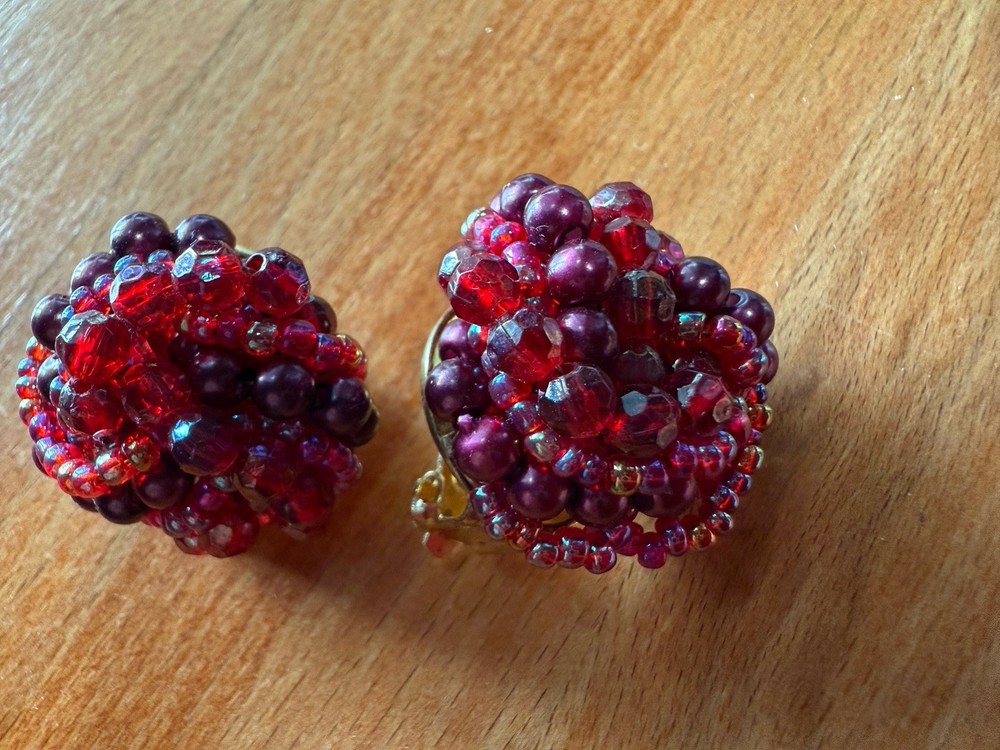 Pair Ruby Red Bead Knot Clip Earrings 7/8"dia.