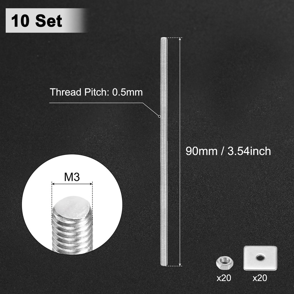 10-Set Fully Threaded Rod, M3x90mm Right Hand Thread Bar Studs with Nuts