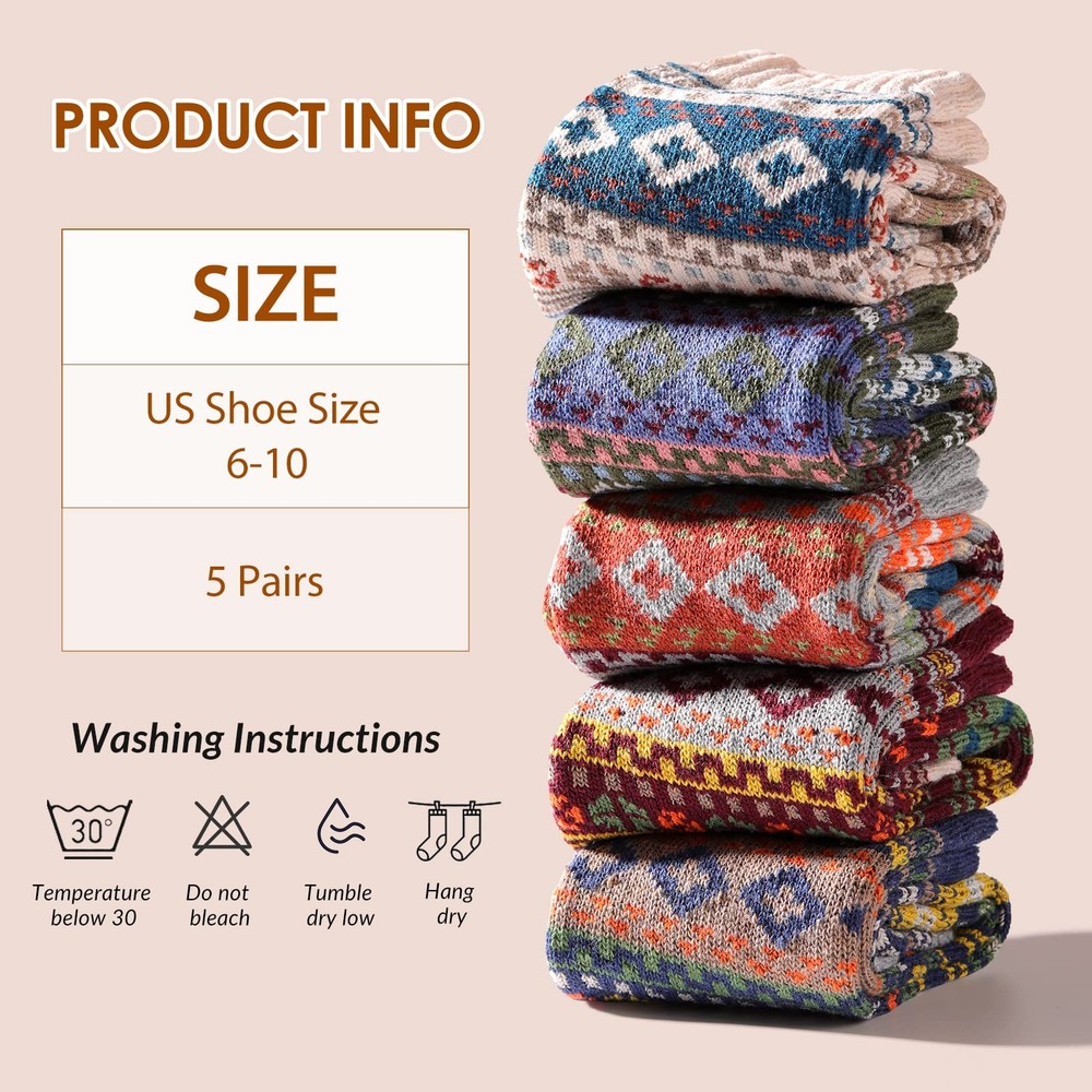 Nimalpal 5 Pairs Wool Socks - Boot 6-10, 5 Multicolor