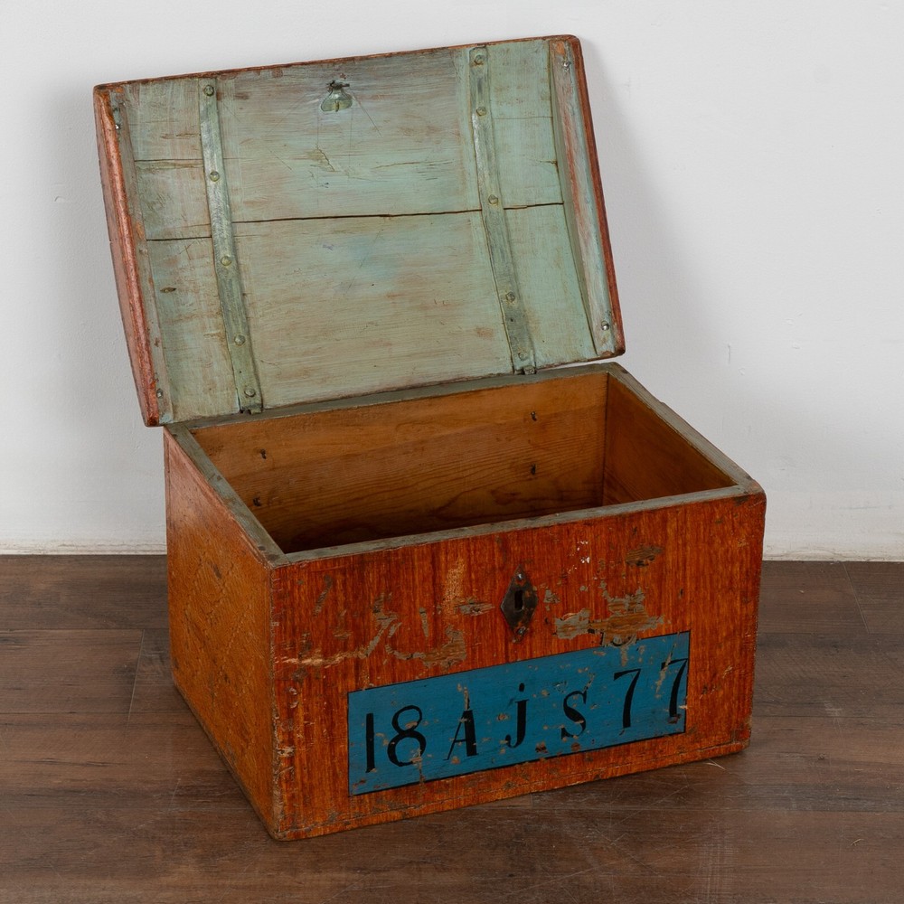 Small Original Painted Swedish Pine Dome Top Trunk dated 1877