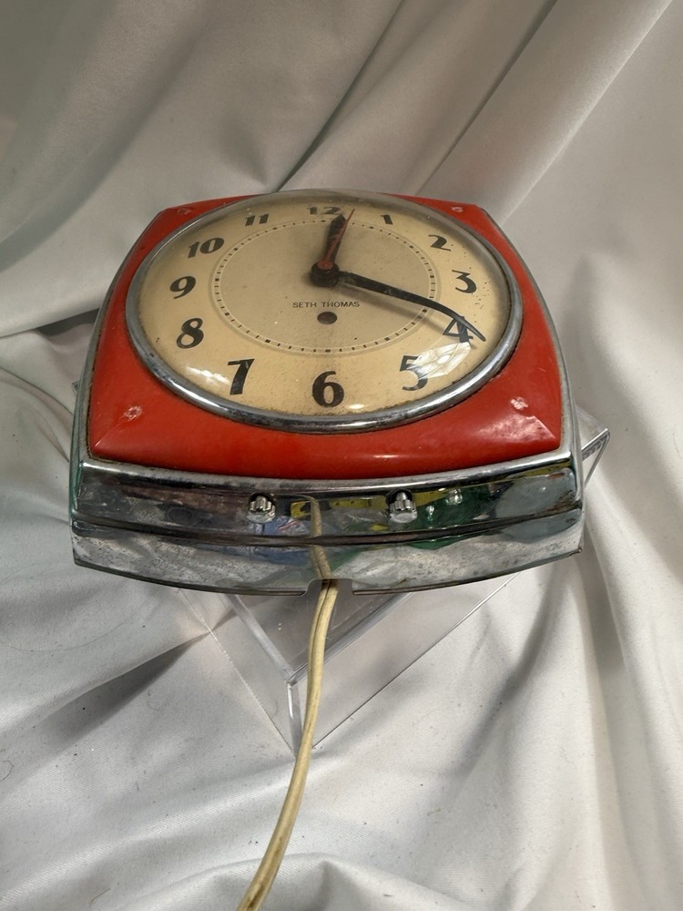 Vintage MCM Seth Thomas Electric Wall Clock Red Works