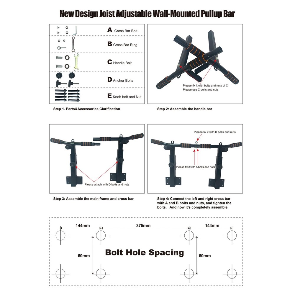 Pull Up Bar Wall Mounted: Adjustable Wall Joist Mount Pull Up Bar & Chin Up B...