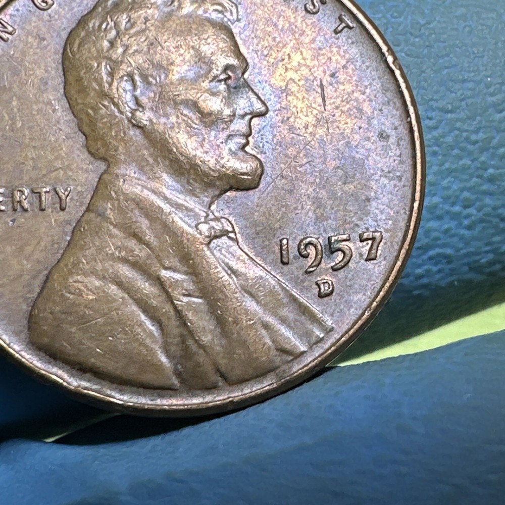 1957 D ERROR Wheat Penny / Die Chip Error Filled B