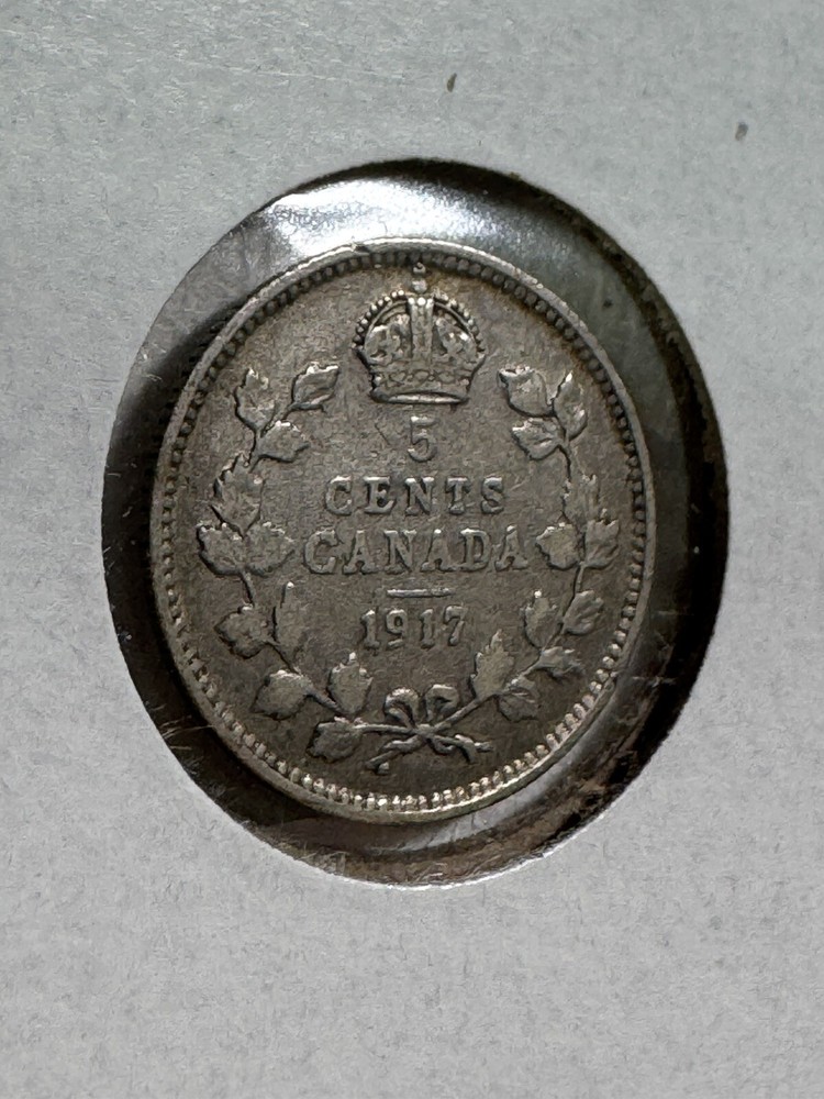 1917 Canada 5 Cents Small Silver Coin Cleaned