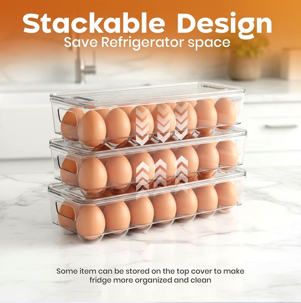 Egg Container with Lid and Handle for Refrigerator Organization- Pack of 2 - Cle