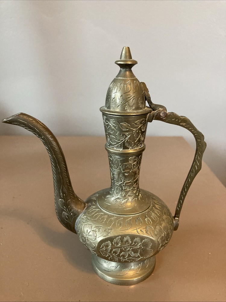 Pair 2 Indian Middle Eastern Etched Dallah Brass Coffee Pots