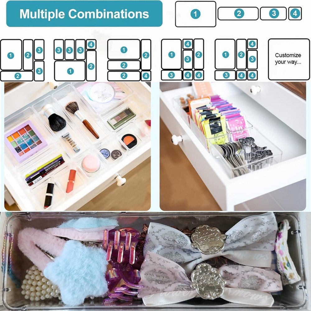 15 Pack Clear Plastic Drawer Organizer Set - 4 Sizes Makeup Vanity Organizer ...