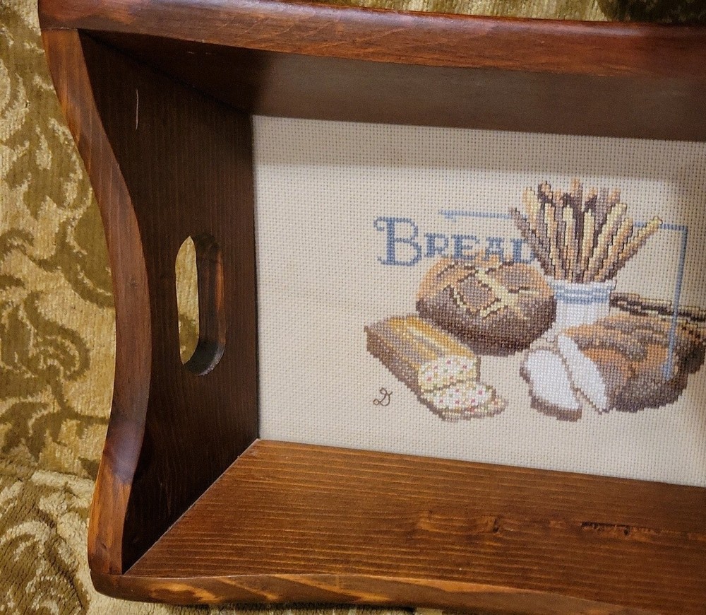 Wooden Bread Tray w Needlepoint in Bottom