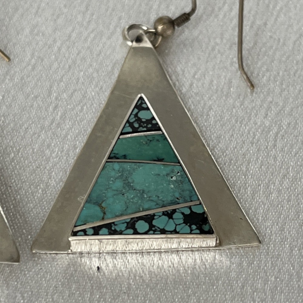 L Jackson Triangle Turquoise Inlay Dangle Silver Earrings