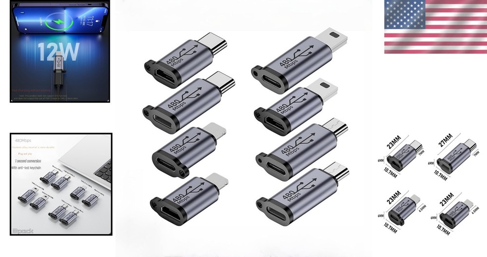 8Pack USB Adapter Kit with USB C Micro USB Mini USB Connectors for Fast Charging