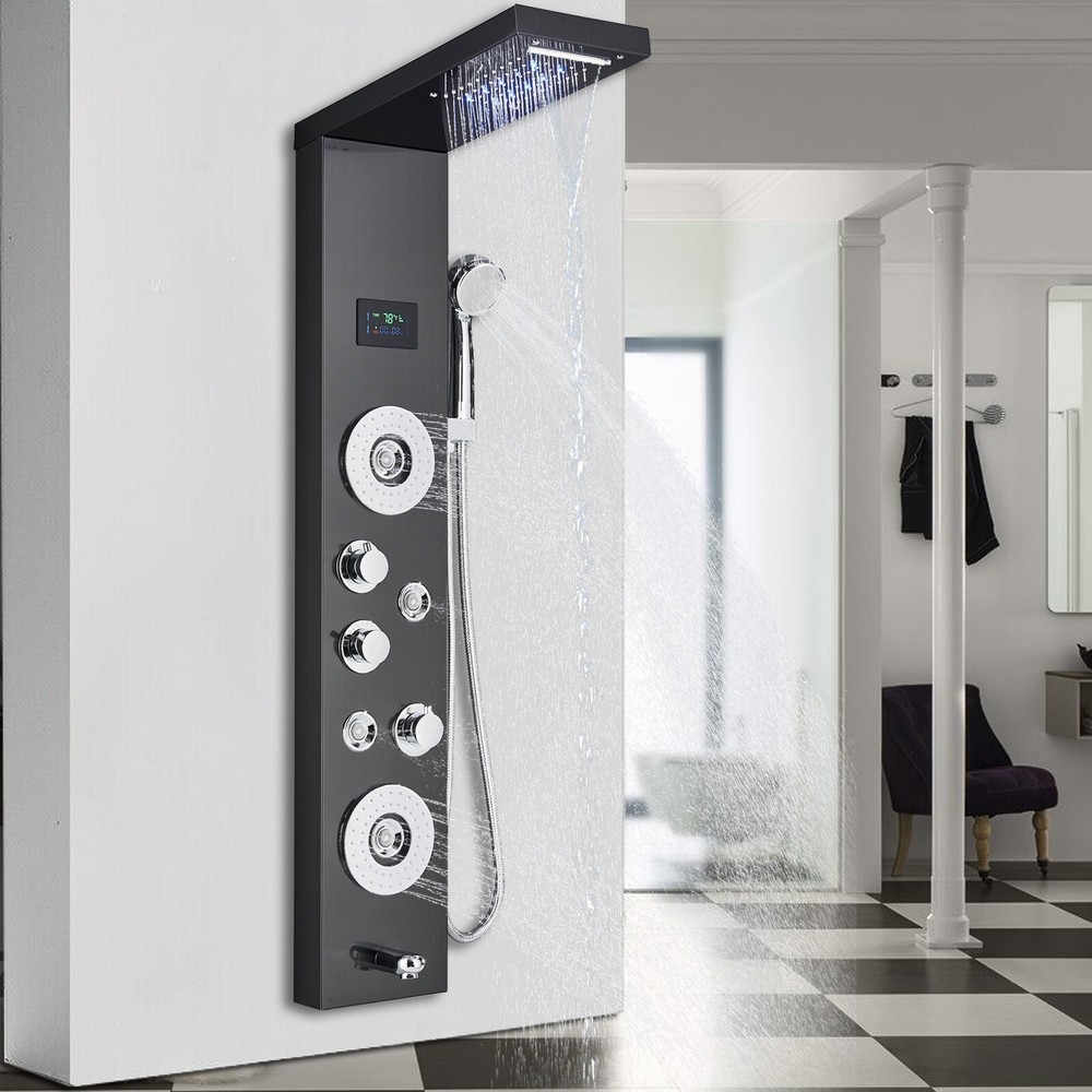 Matte Black LED Rainfall Waterfall Shower Panel Tower System Back Massage Jets