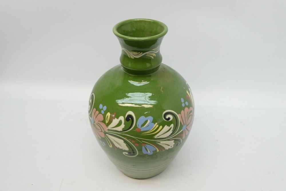 Green Hand Painted Made in Morocco Ceramic Floral Pattern Redware Jug One Handle