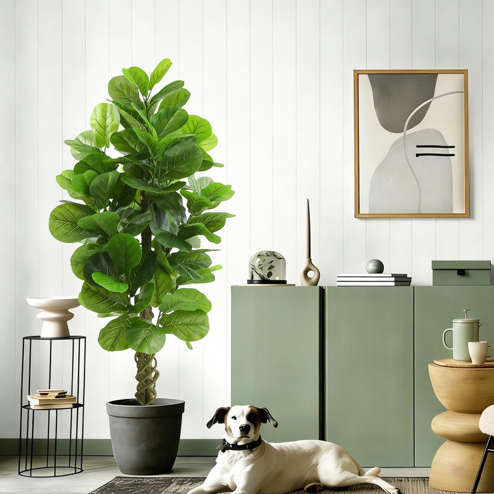 Artificial Fiddle Leaf Fig Tree 5FT, Large Fake Tree in White Pot, Artificial...