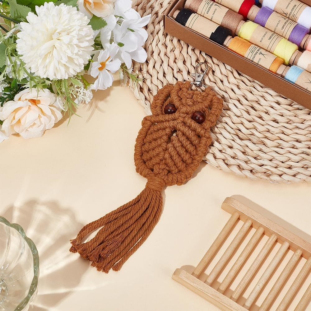 6PCS Owl Macrame Keychain Kit for Adults Beginners Owl Boho Macrame Keychain ...