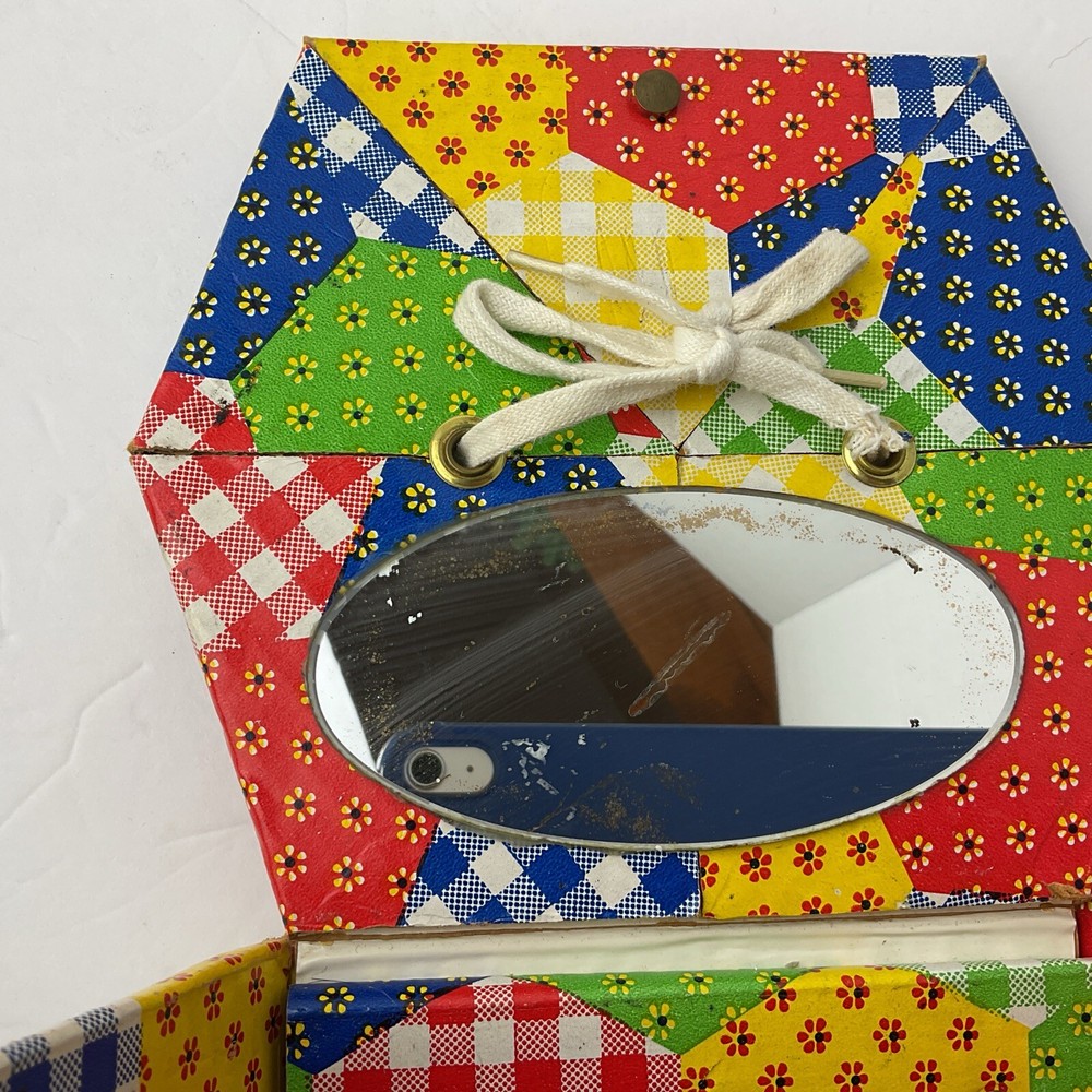 Patchwork Print Sewing Box with Tray Vintage 70s Hexagon Shape Storage