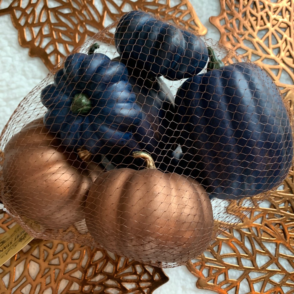 NEW Table Decor Fall Thanksgiving Navy & Copper Leaf Placemats & Pumpkins