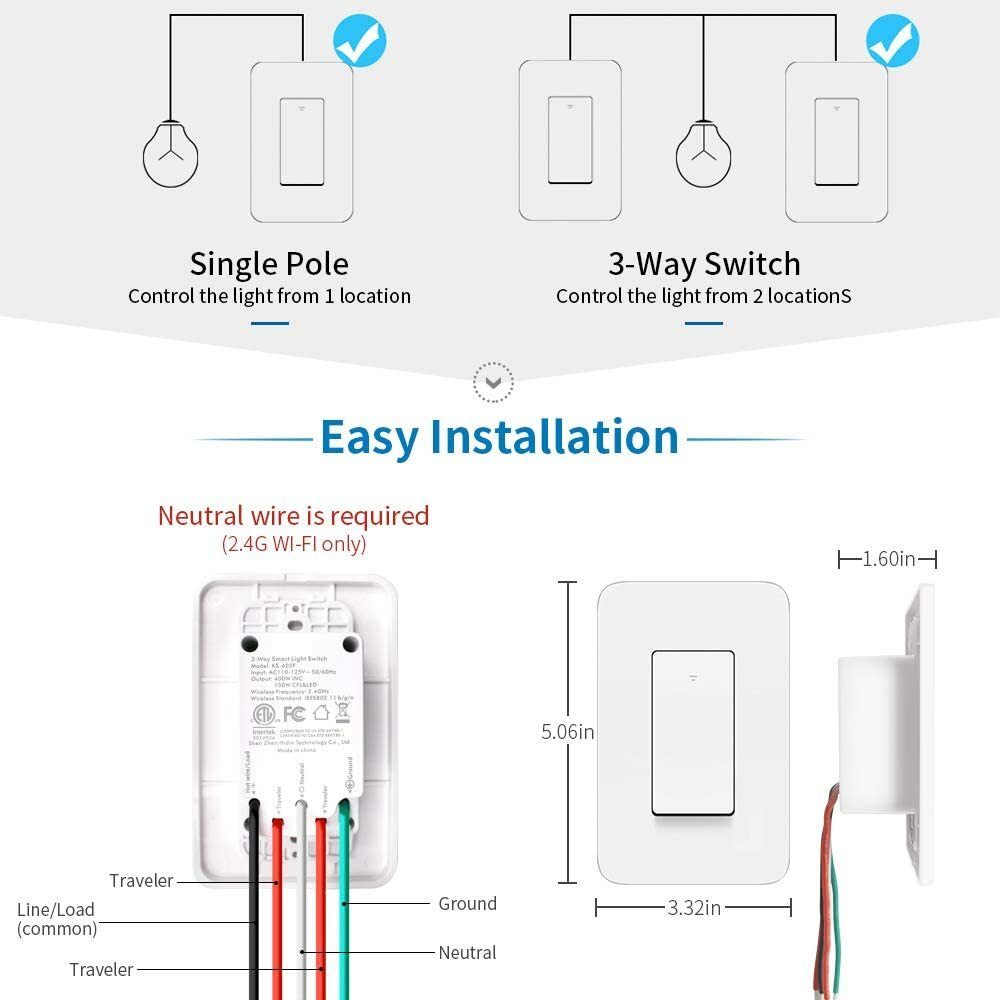 3 Way Smart Light Switch, work with Alexa IFTTT Remote Control, No Hub Required