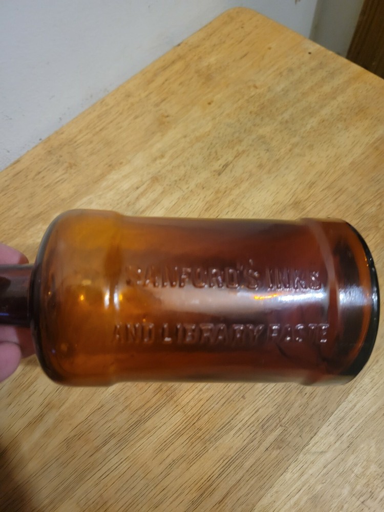SANFORD'S INKS & LIBRARY PASTE PINT HAND BLOWN 7" TALL BOTTLE AMBER