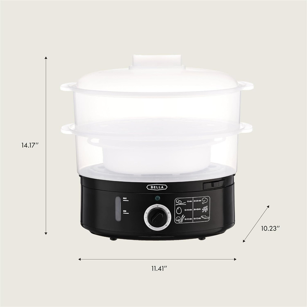 BELLA Two Tier Food Steamer with Stackable Baskets & Removable Base for Fast Sim