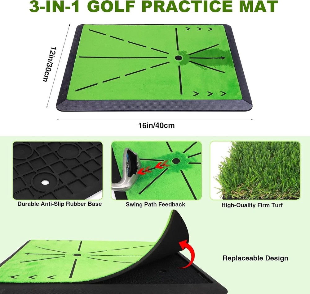 Foldable Golf Hitting Mat with 10mm EVA Base, Dual-Turf Golf Practice Mat fo...