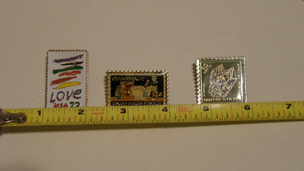 Love / Pharmacy / Amethyst Postage Stamp Pinbacks Three Total Lightly Used