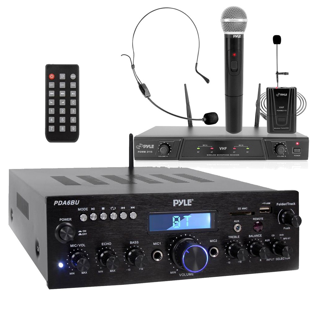 Pyle PDA6BU Stereo Amplifier Receiver + Wireless Microphone System w/Transmitter