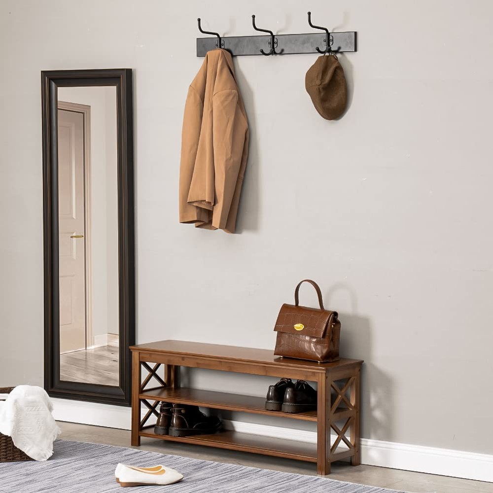 Shoe Rack Bench with Storage 3 Tier Bamboo Shoe Bench Entryway Rustic Solid W...