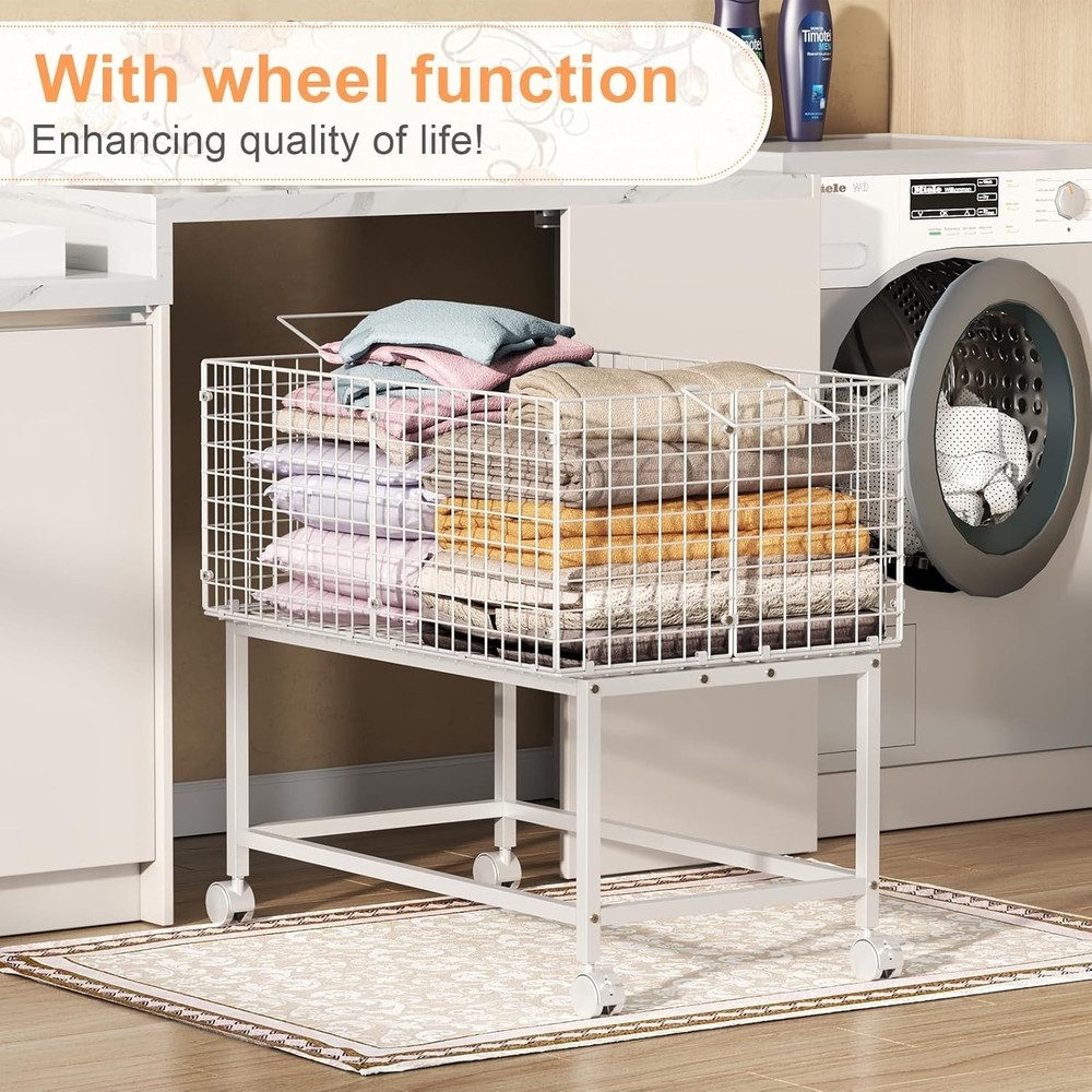 Large Rolling Laundry Basket Cart, Wire Laundry Hamper Cart with Handle, Wheels