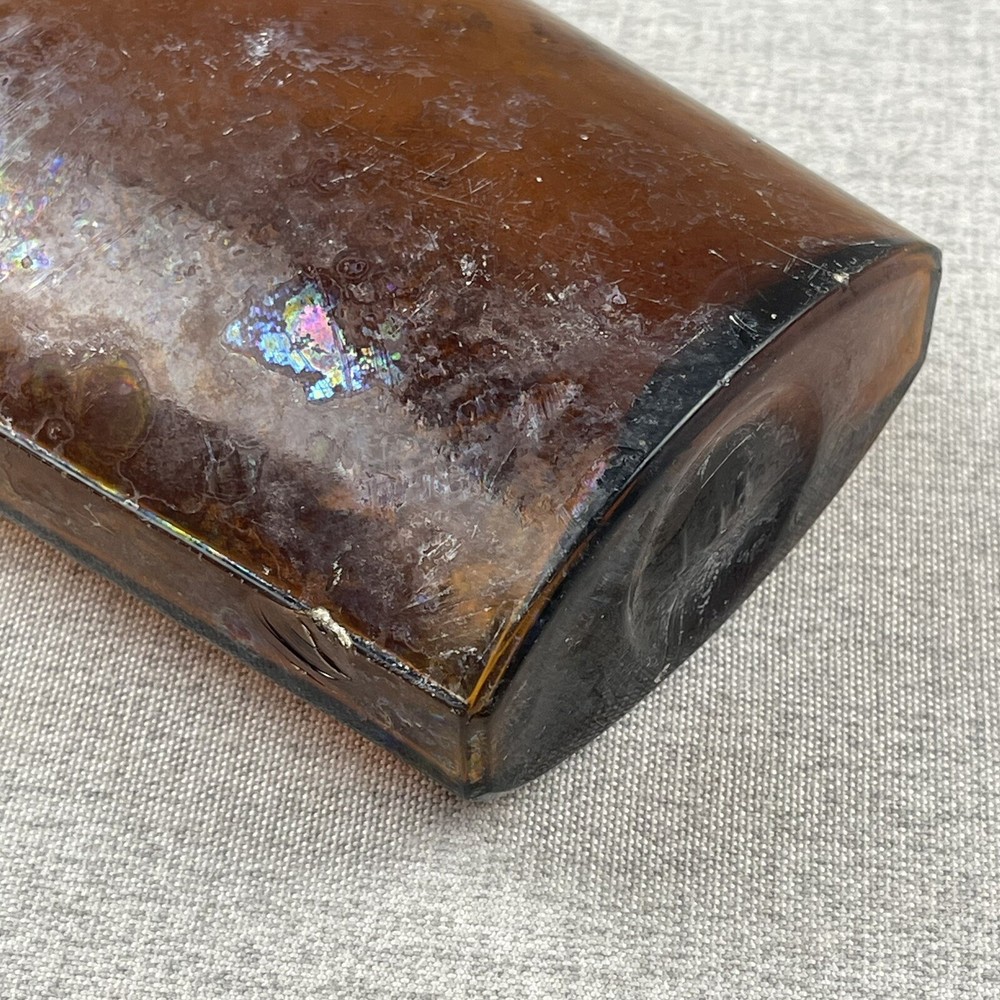 Amber Strap Side Whiskey Flask "194" Embossed Base