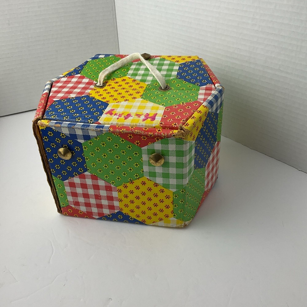 Patchwork Print Sewing Box with Tray Vintage 70s Hexagon Shape Storage