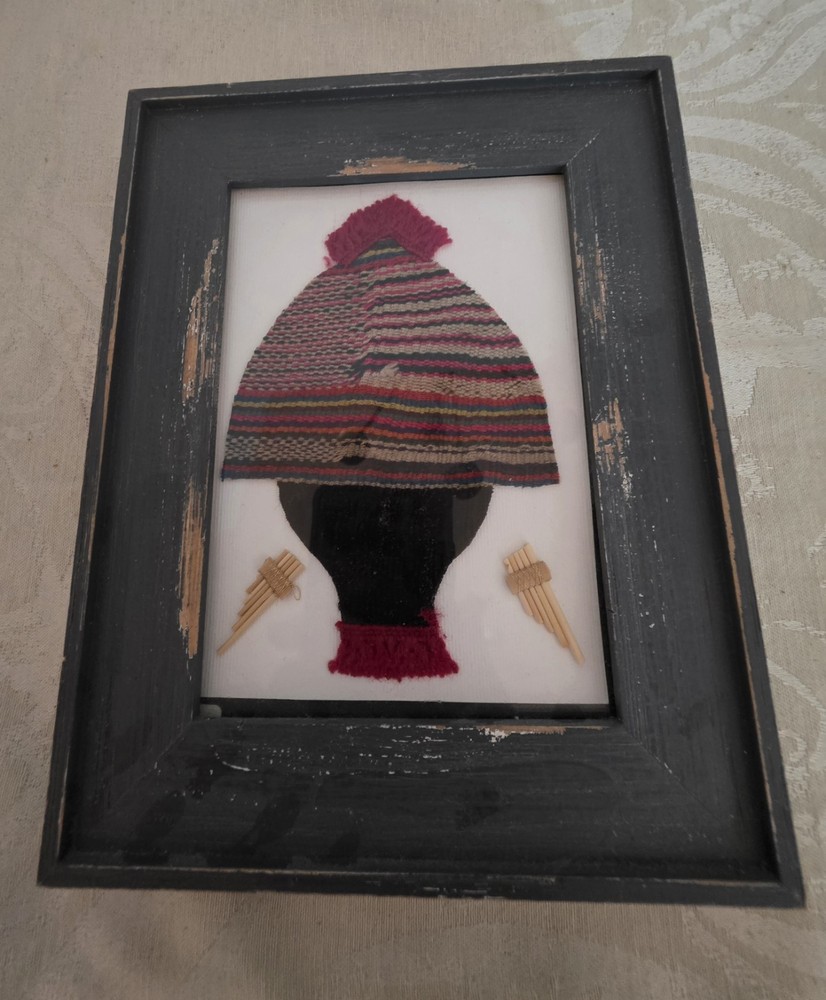 Peruvian Hand Crafted Fabric Framed Folk Art - Chullo Hat & Small Panpipes