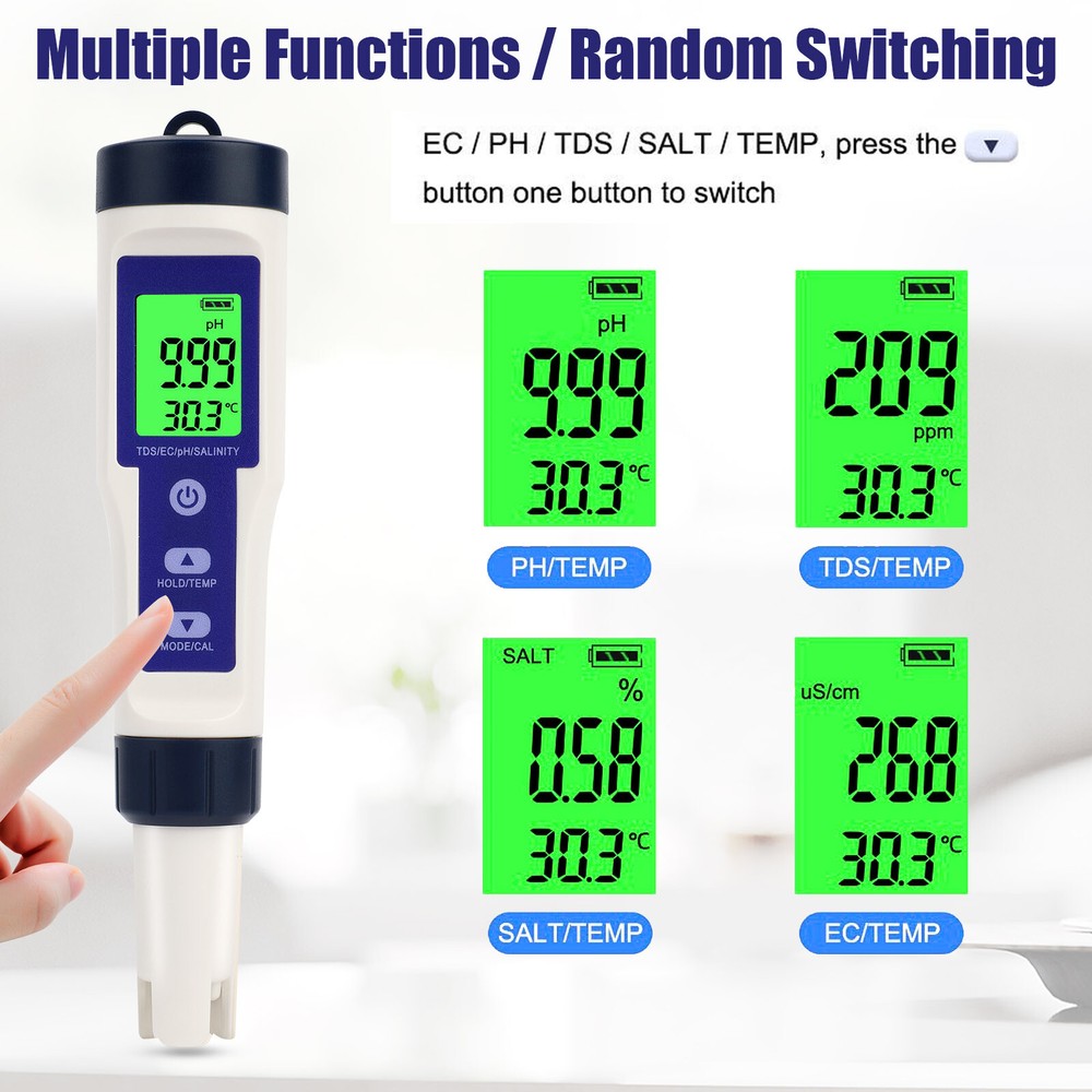 5-In-1 Digital Water Quality Meter Tester Tool PH/TDS/EC/Salinity/Temperature