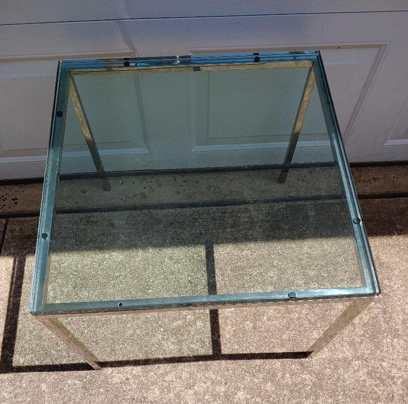 SUPER MID CENTURY EAMES STYLE CHROME & GLASS END TABLE, SIGNED "SCOPE" NEW YORK